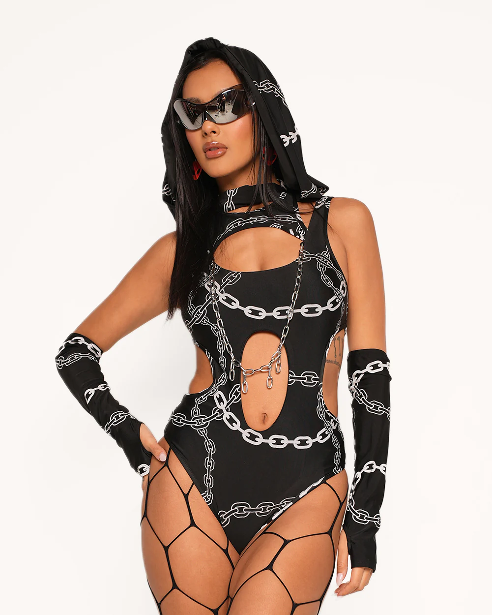Power Surge Silver Reflective Chain Bodysuit & Sleeve Set