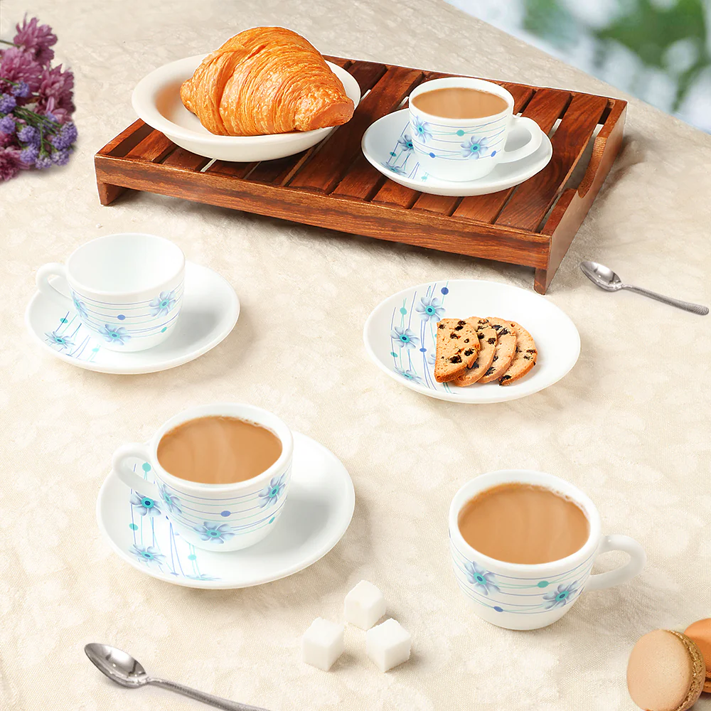 Larah by Borosil Bluebell Cup n Saucer Set, 140ml x 8