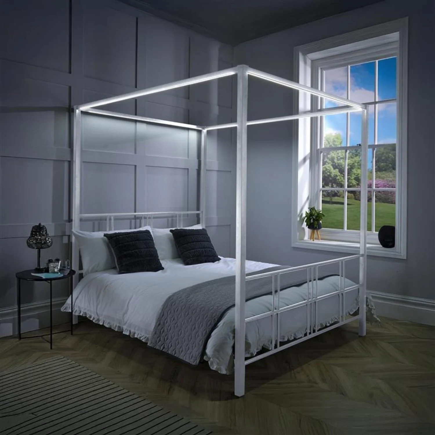 Fern Four Poster Bed with LED Lighting - White (2 Sizes)