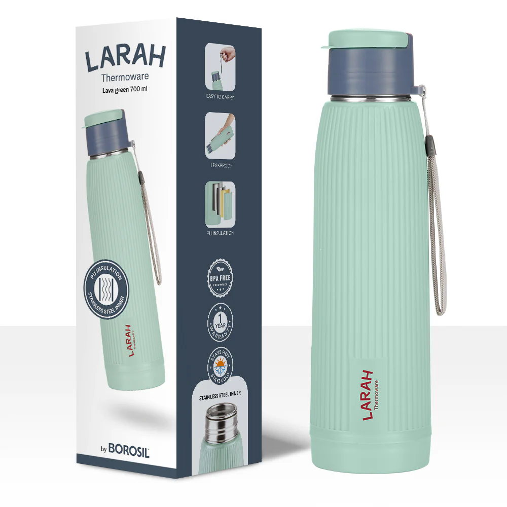 Larah Lava Fluted PU Thermoware Bottle, 700 ml, Green