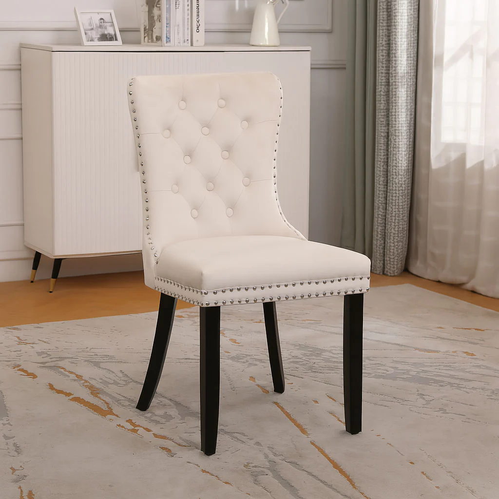Neo Set Of Two Studded Natural Velvet Dining Chairs with Ring Knocker Detail