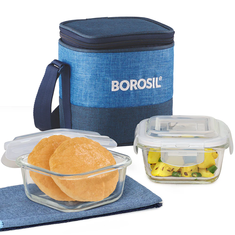 Borosil Prime Glass Lunchbox, Square x 2 (Tall), 320ml x 2