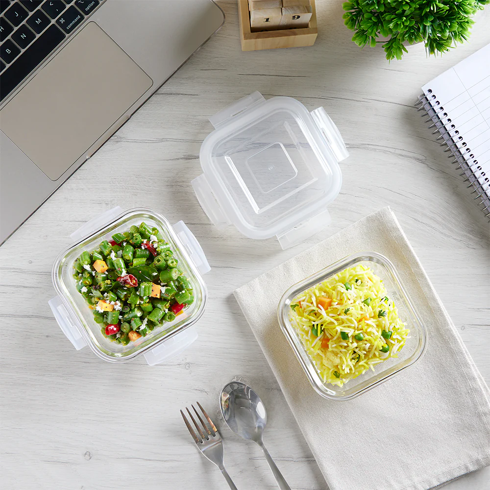 Borosil Prime Glass Lunchbox, Square x 2 (Tall), 320ml x 2