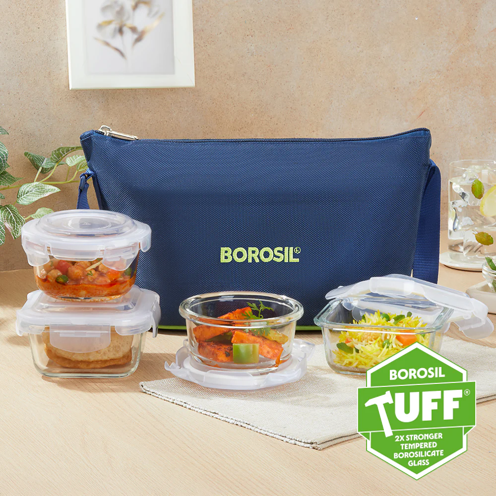 Borosil Blue Daisy Glass Lunchbox, 320ml x 2 (+) 240ml x 2