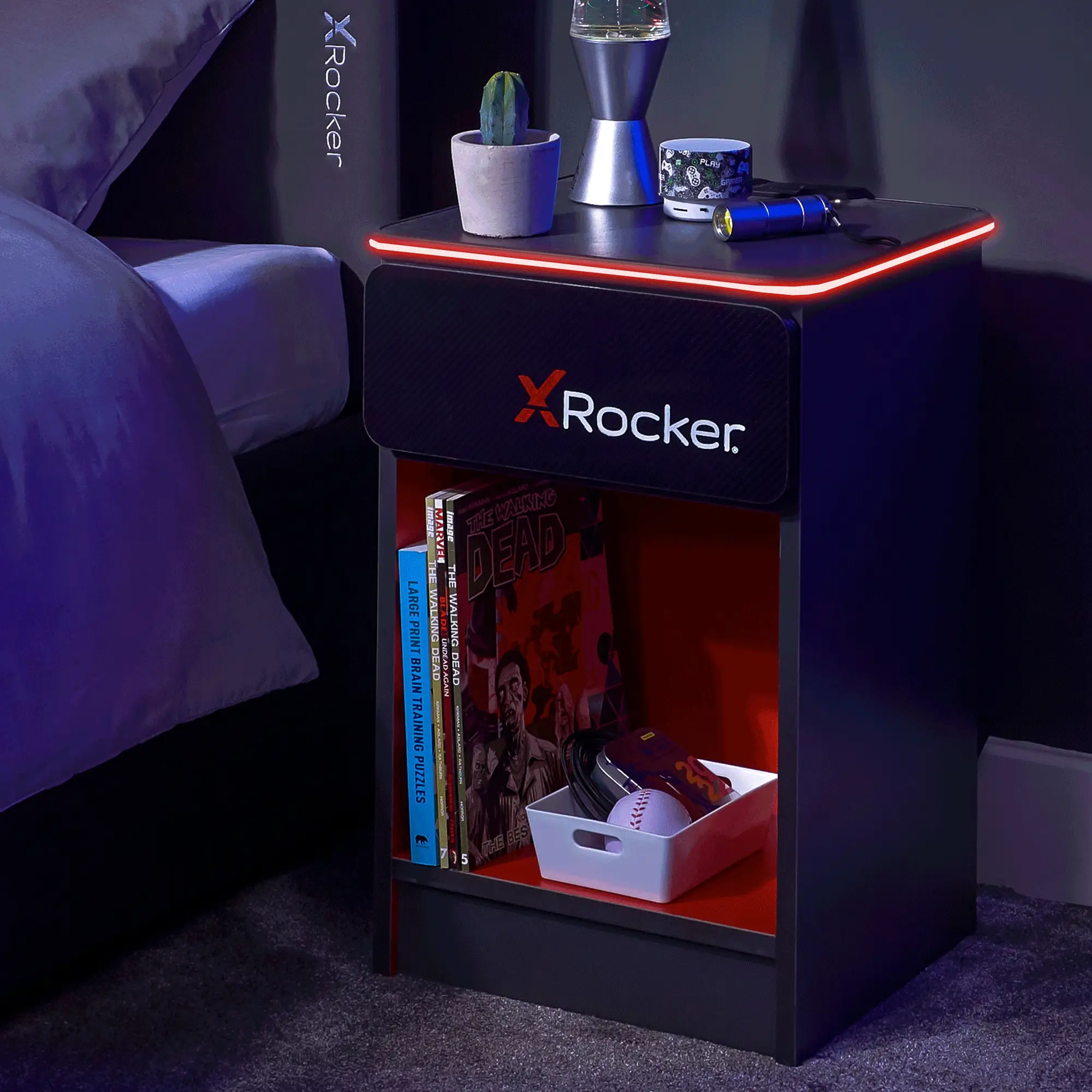 Carbon-Tek LED Bedside Side Table with Wireless Charging and Drawer - Grey / Red RGB