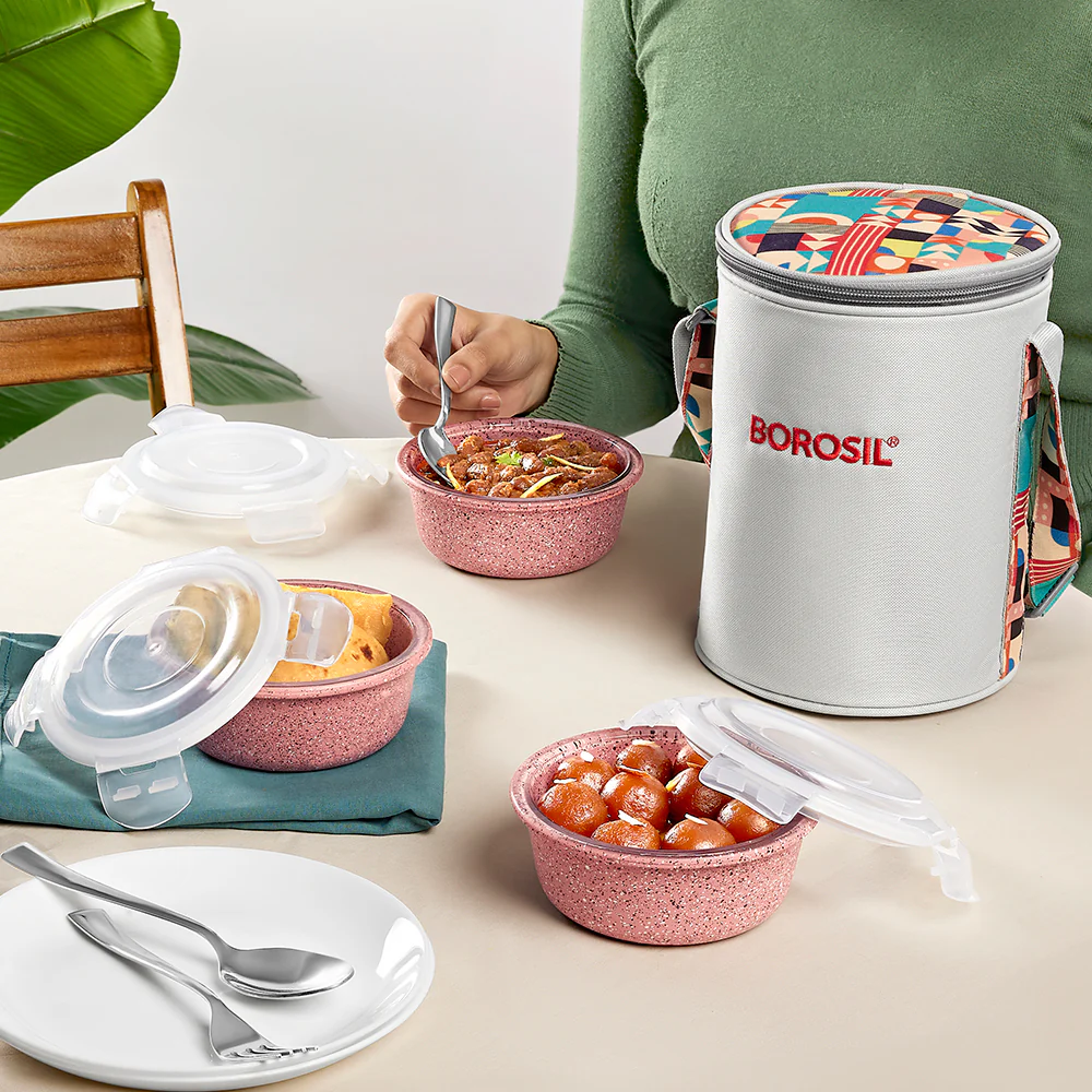 Borosil Kube Pink Glass Lunch Box, Round x 3 (Tall), Set of 3, 400ml