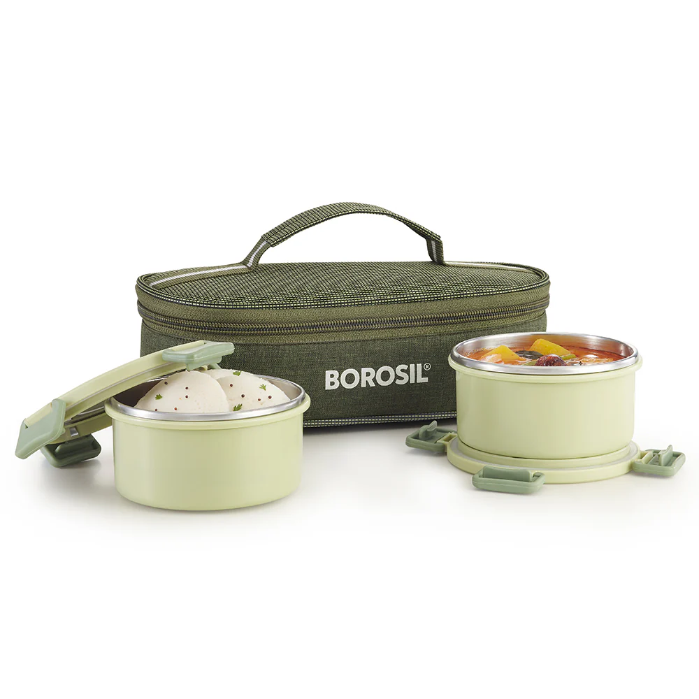 Borosil Glory Green Lunchbox, Set of 2, Flat, 280ml