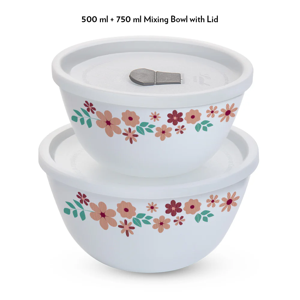 Larah by Borosil Ayana Mixing Bowl Set w Lid, 4 pc Set (500ml + 750ml)