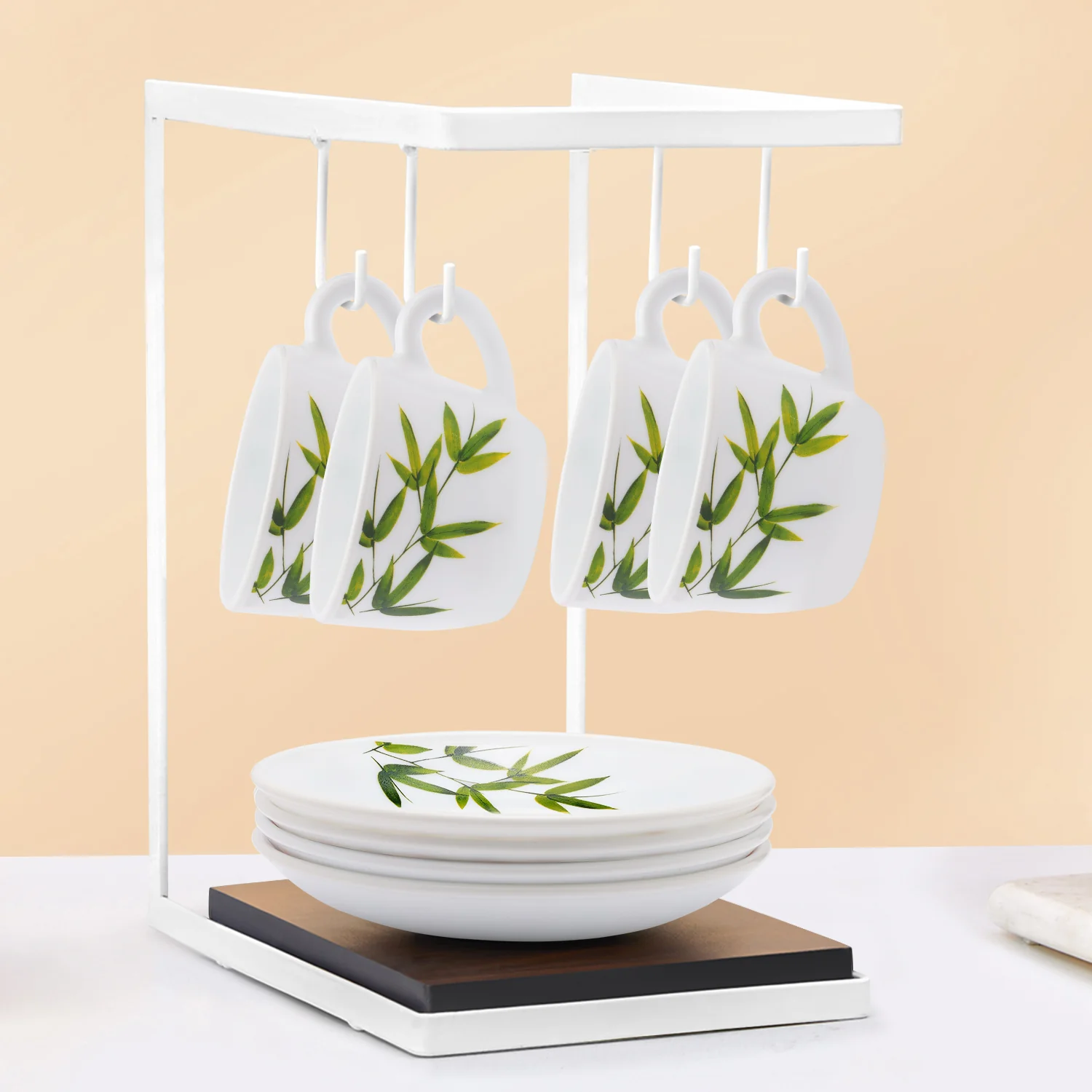 Larah by Borosil Bamboo Leaves Cup n Saucer Set, 140ml x 8