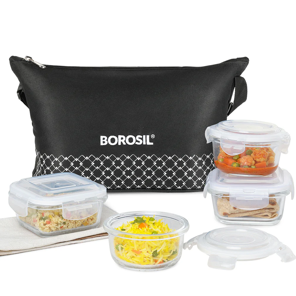 Borosil Zeal Black Lunch Bag, Daisy, Set of 4