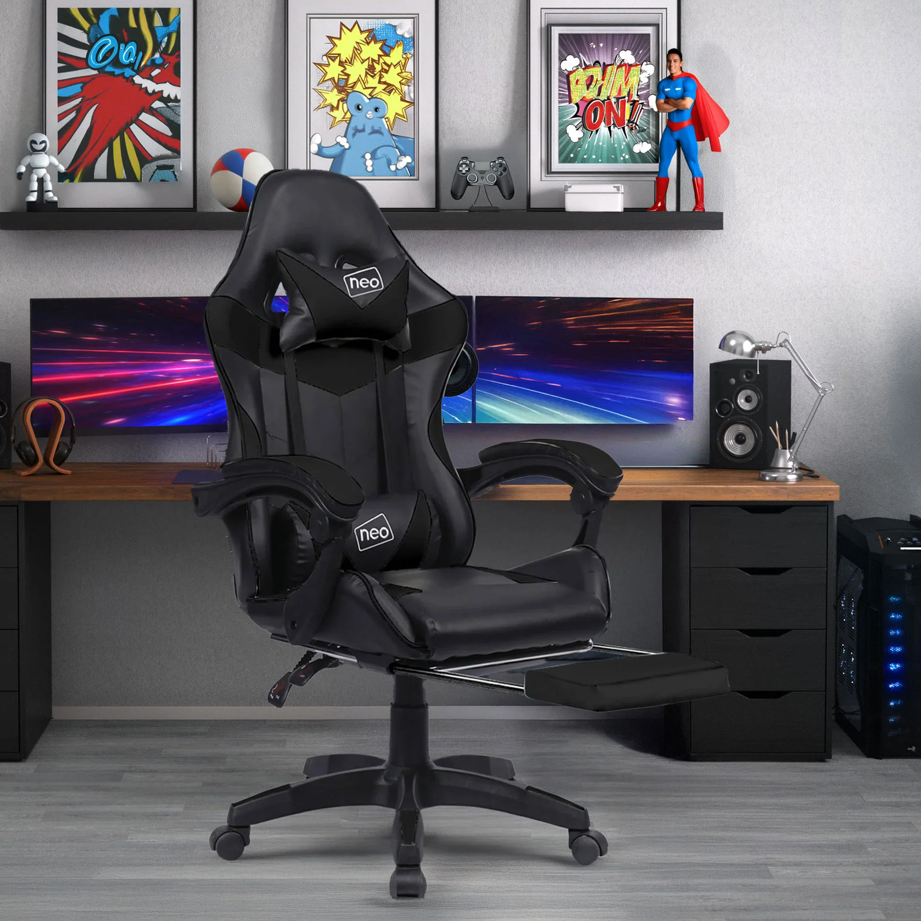 Neo Gaming Chair Black PU Leather with Footrest