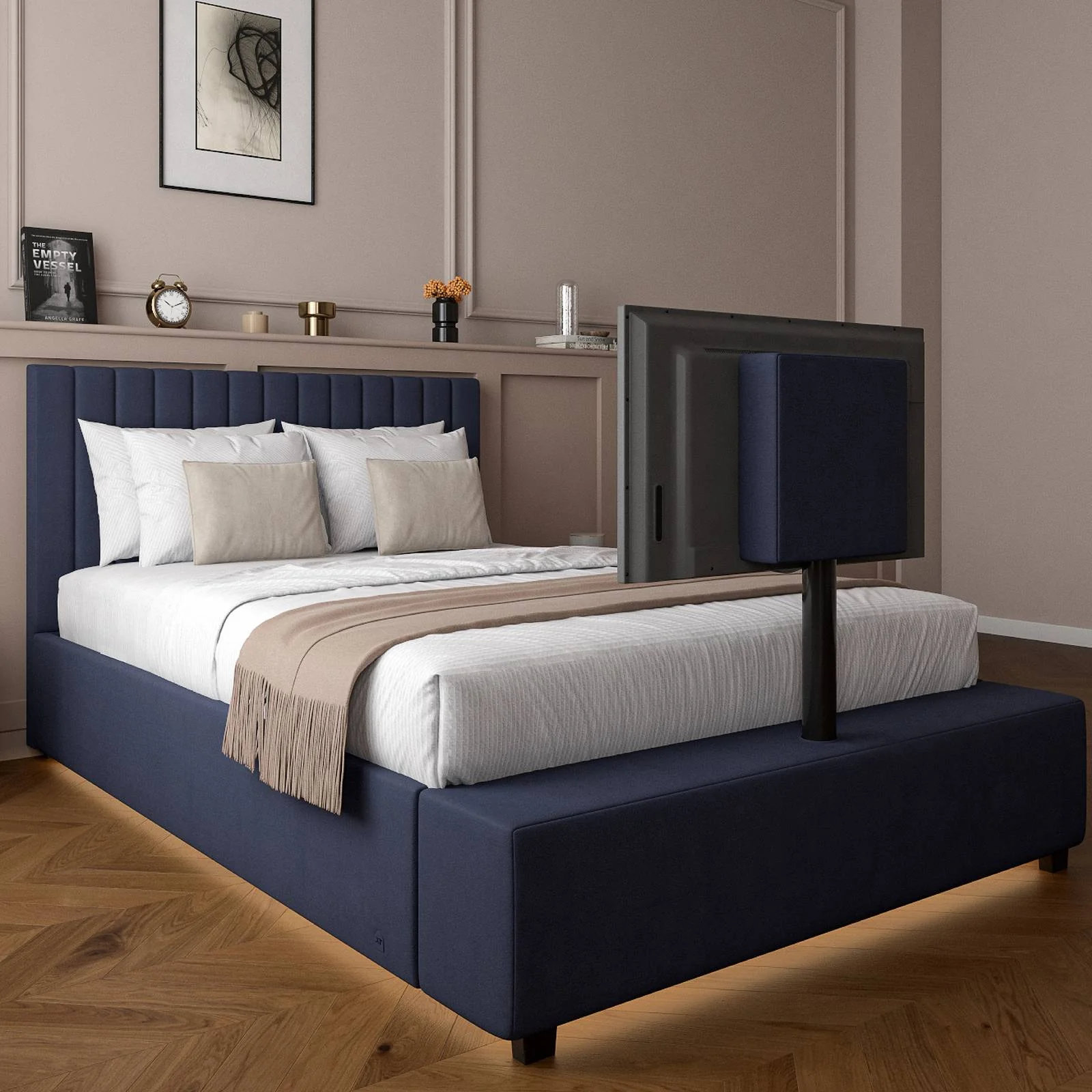 Maisie Upholstered Velvet LED Ottoman TV Bed - Navy Blue (2 Sizes)