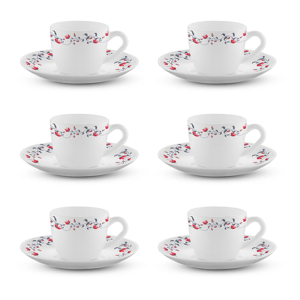 Larah by Borosil, Opalware, Microwave Safe, Pentas Cup n Saucer Set of 12, 140ml