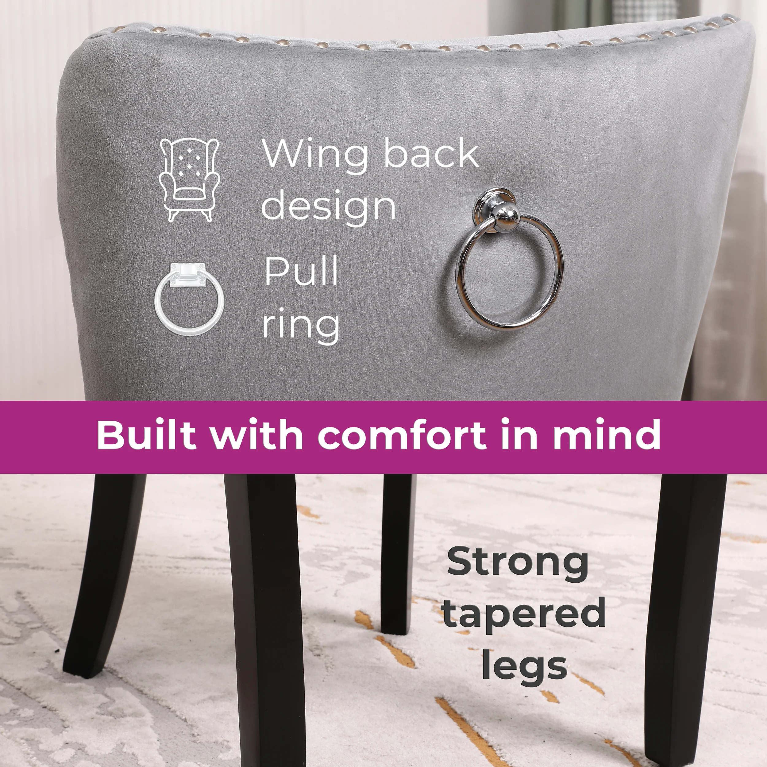 Neo Set of Six Grey Studded Velvet Dining Table Chairs with Ring Knocker Detail