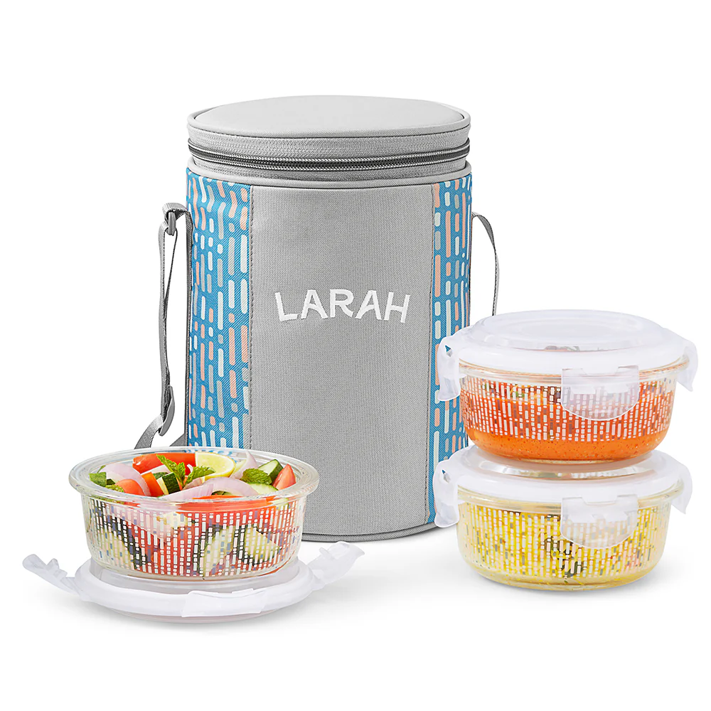 Larah Vogue Glass Lunchbox, Round x 3, 400ml x 3