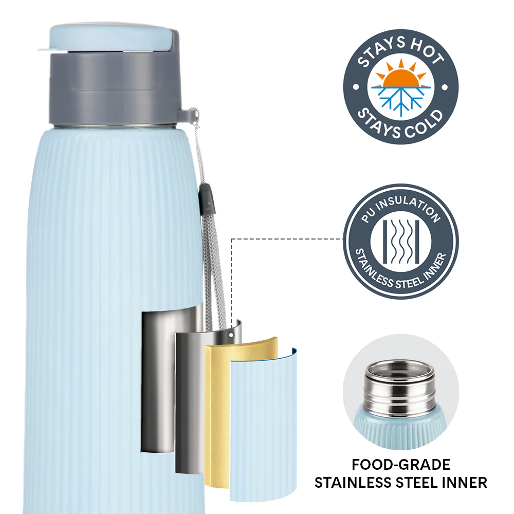 Larah Lava Fluted PU Thermoware Bottle, 700 ml, Grey
