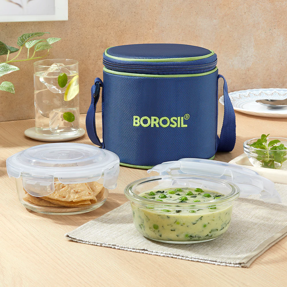 Borosil Blue Glass Lunchbox, Round x 2 (Tall), 400ml x 2
