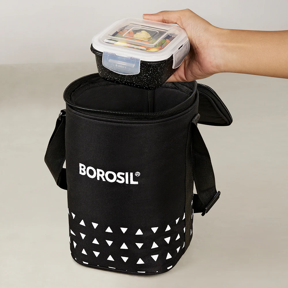 Borosil Kube Black Glass Lunch Box, Square x 3 (Tall), Set of 3, 320ml