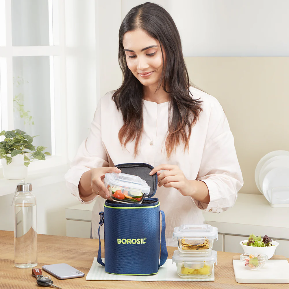 Borosil Blue Glass Lunchbox, Square x 3, 320ml x 3