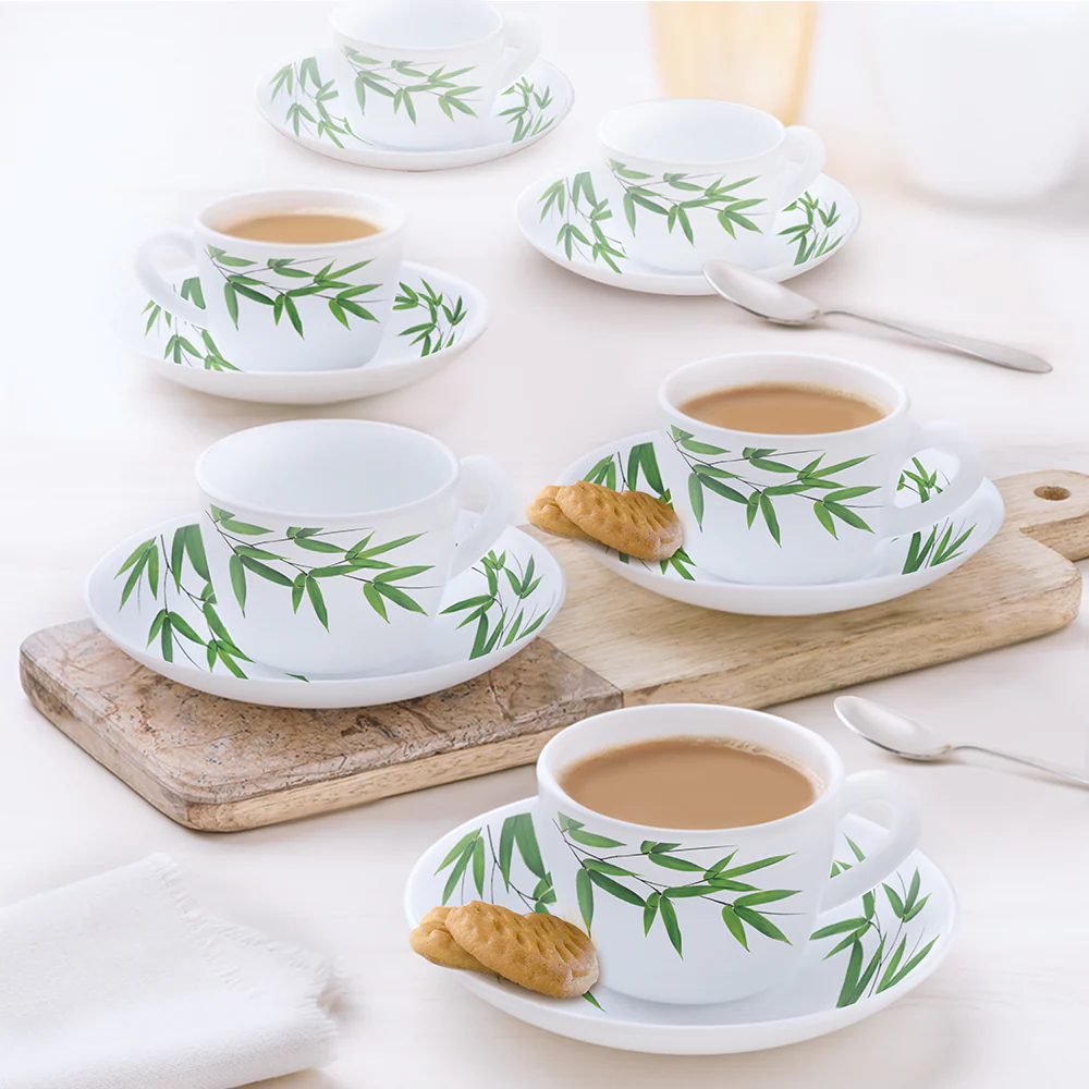 Larah by Borosil Bamboo Leaves Cup n Saucer Set, 90ml x 12