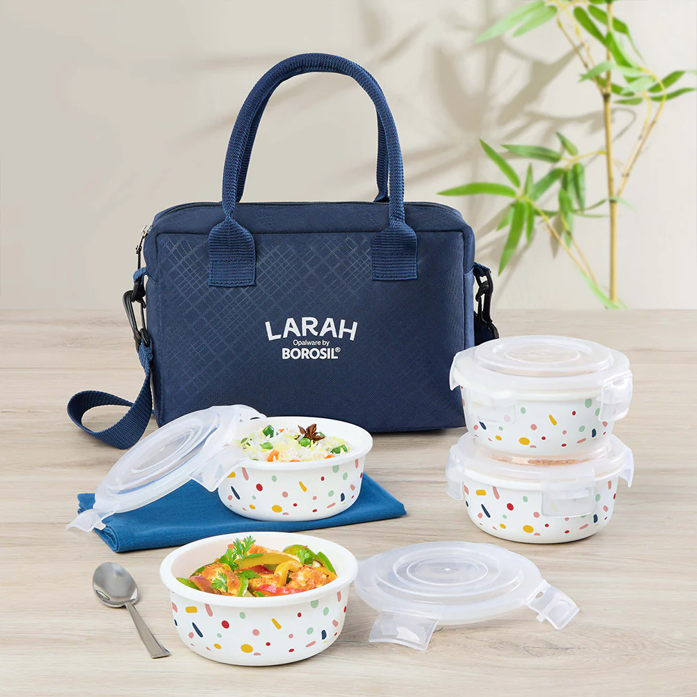 Larah by Borosil Aria Lunchbox, Set of 4, Blue, 400ml