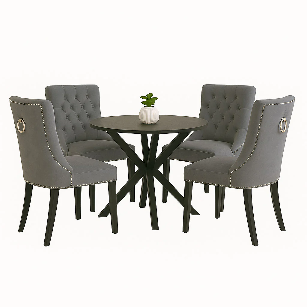 Neo Set of Four Grey Studded Velvet Dining Table Chairs with Ring Knocker Detail