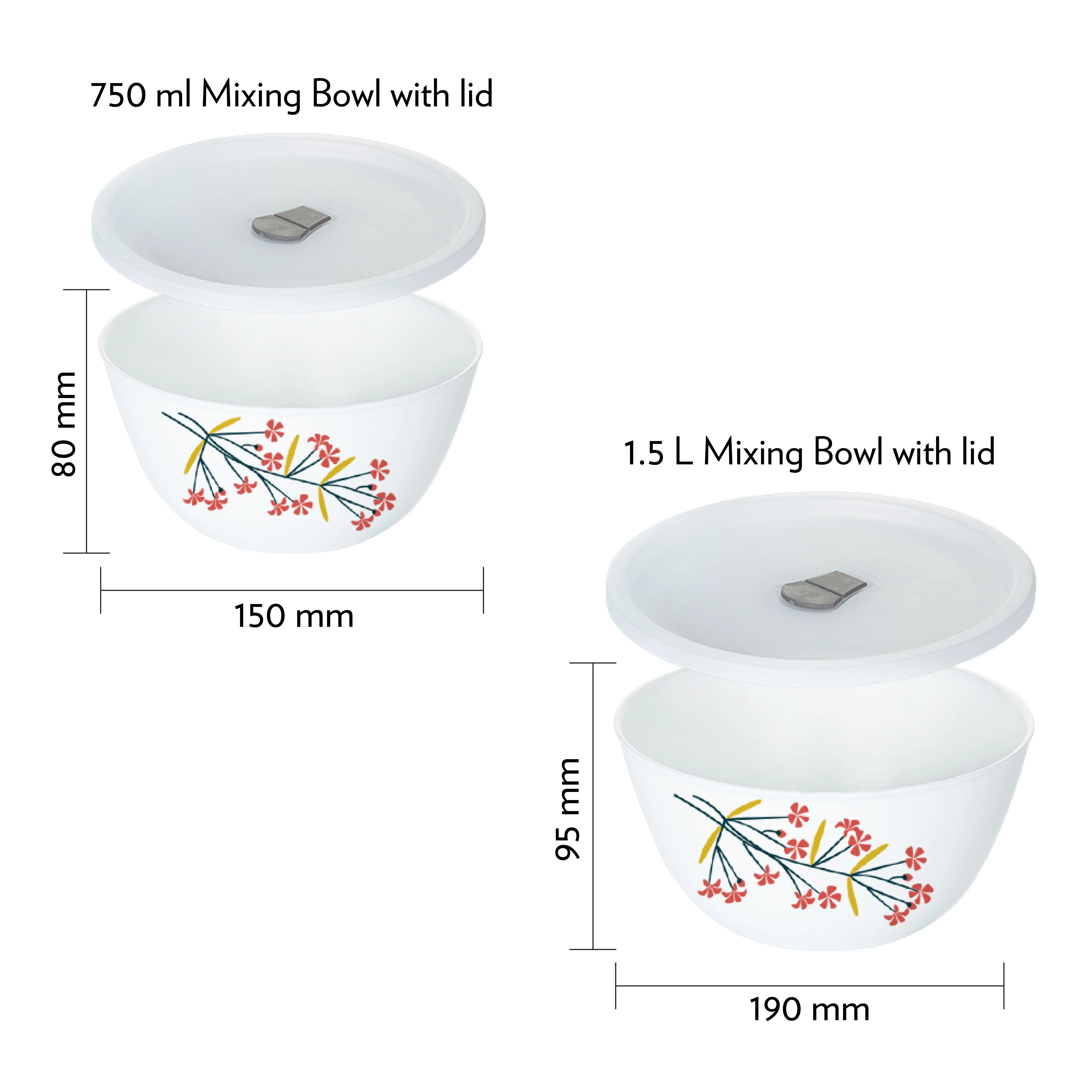Larah by Borosil Red Bud 4 pc Mixing Bowl, 1 .5 L + 750 ml