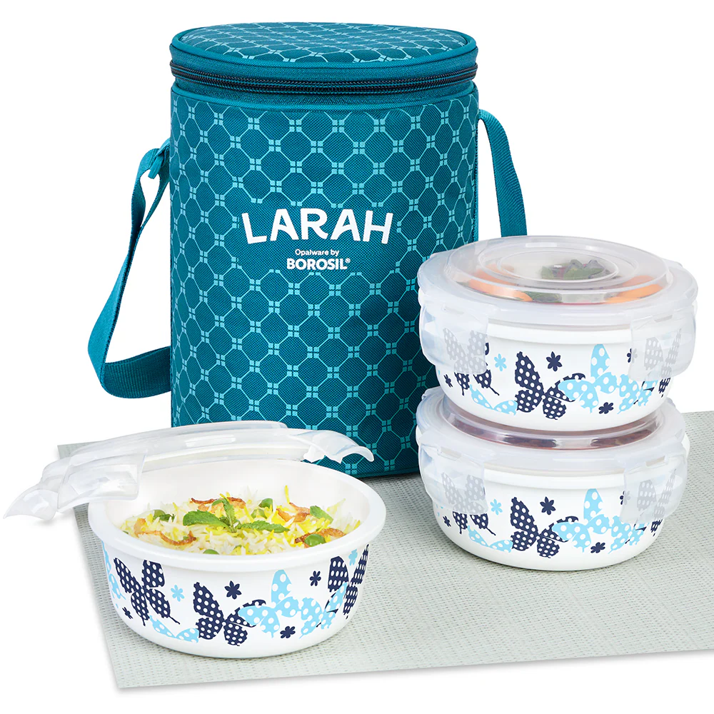 Larah by Borosil Veera Blue Lunchbox, Set of 3, Teal, 400ml