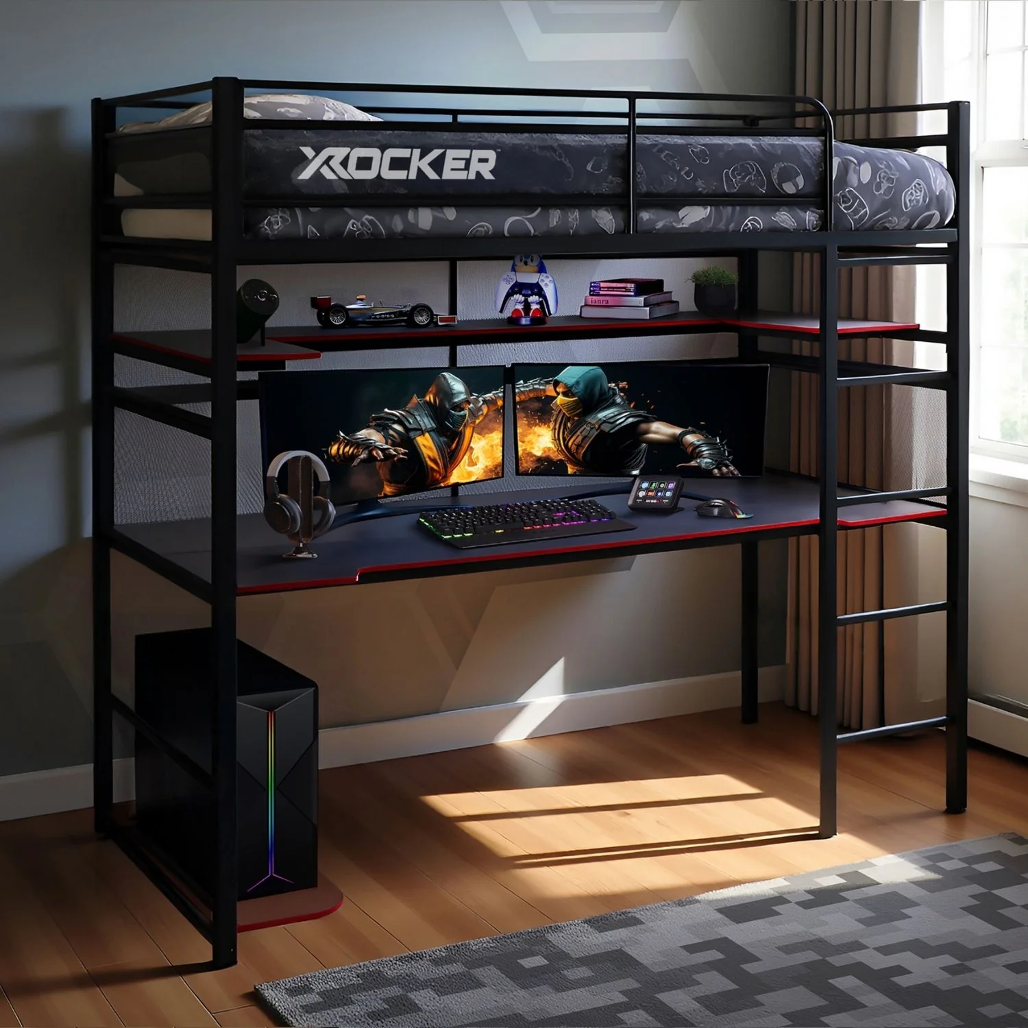 Battlebunk High Sleeper Gaming Bunk Bed with Desk - Black