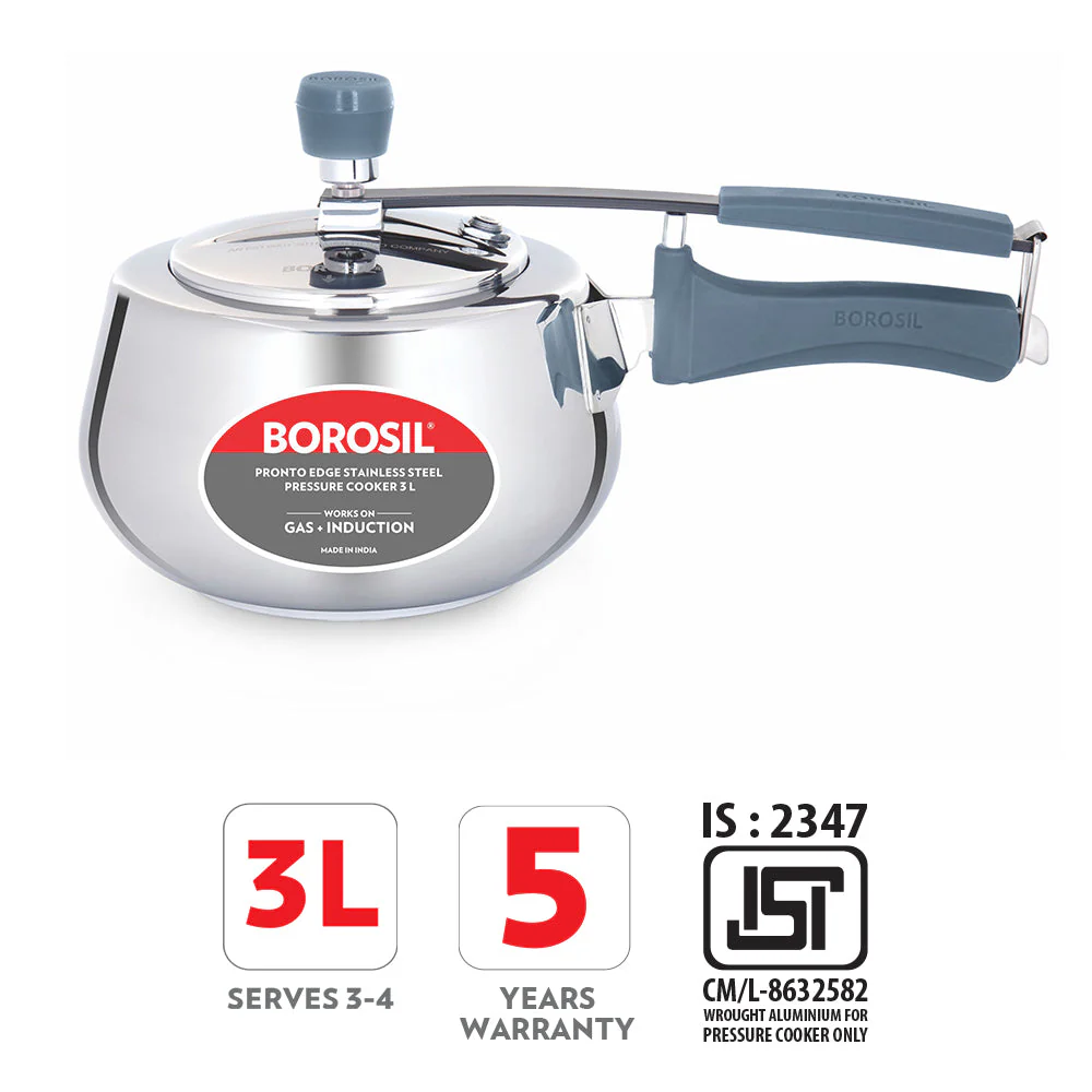 Borosil Pronto Edge SS Pressure Cooker, 3L