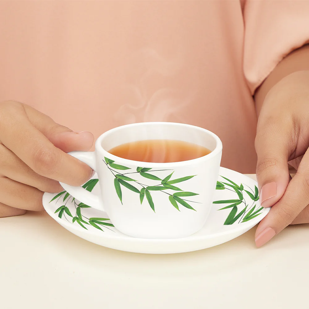 Larah by Borosil Bamboo Leaves Cup n Saucer Set, 140ml x 12