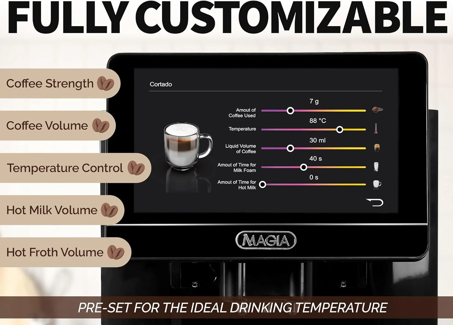 Automatic Coffee Espresso Machine With Grinder 7” Touch Screen, 20 Coffee Recipes, 10 User Profiles