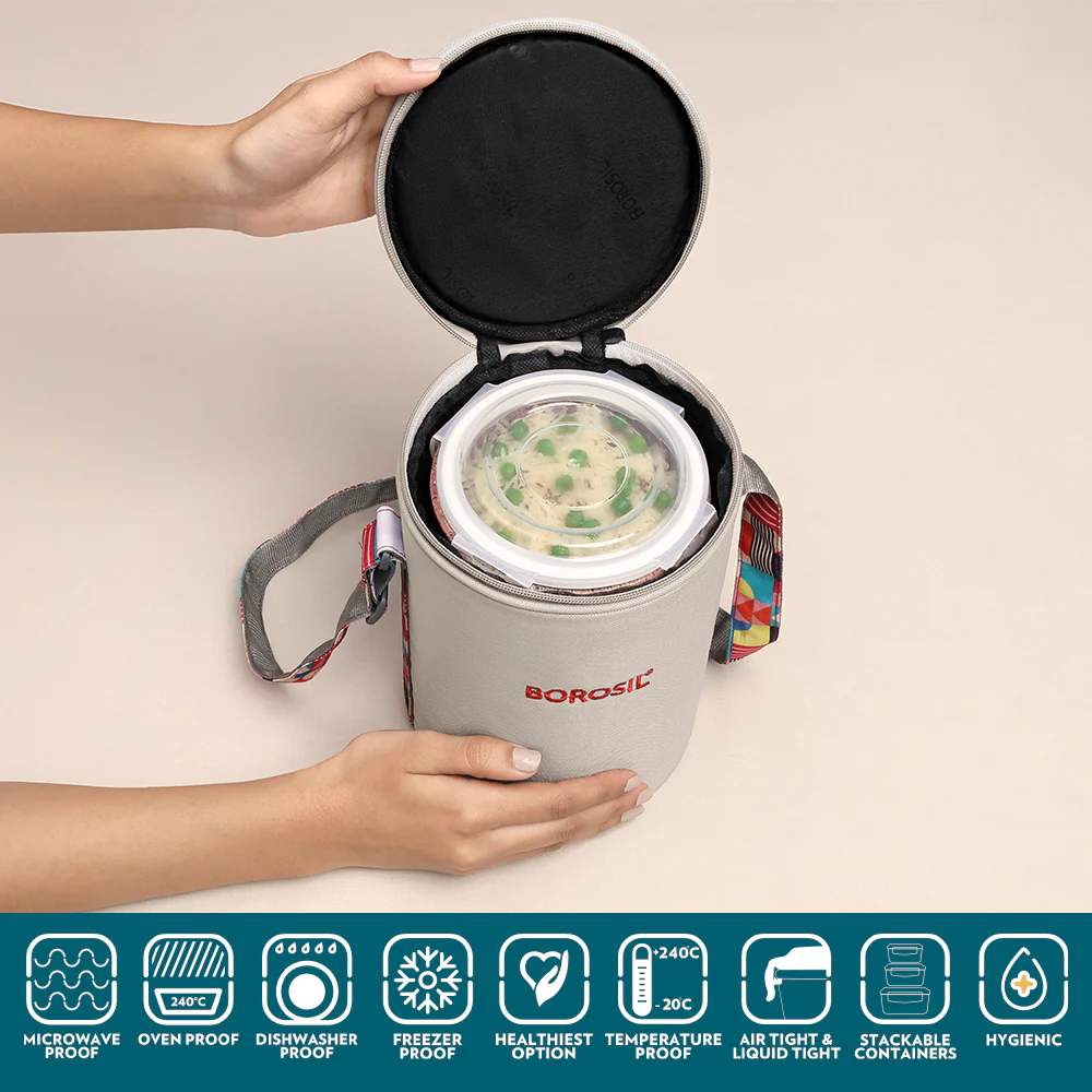 Borosil Kube Pink Glass Lunch Box, Round x 3 (Tall), Set of 3, 400ml