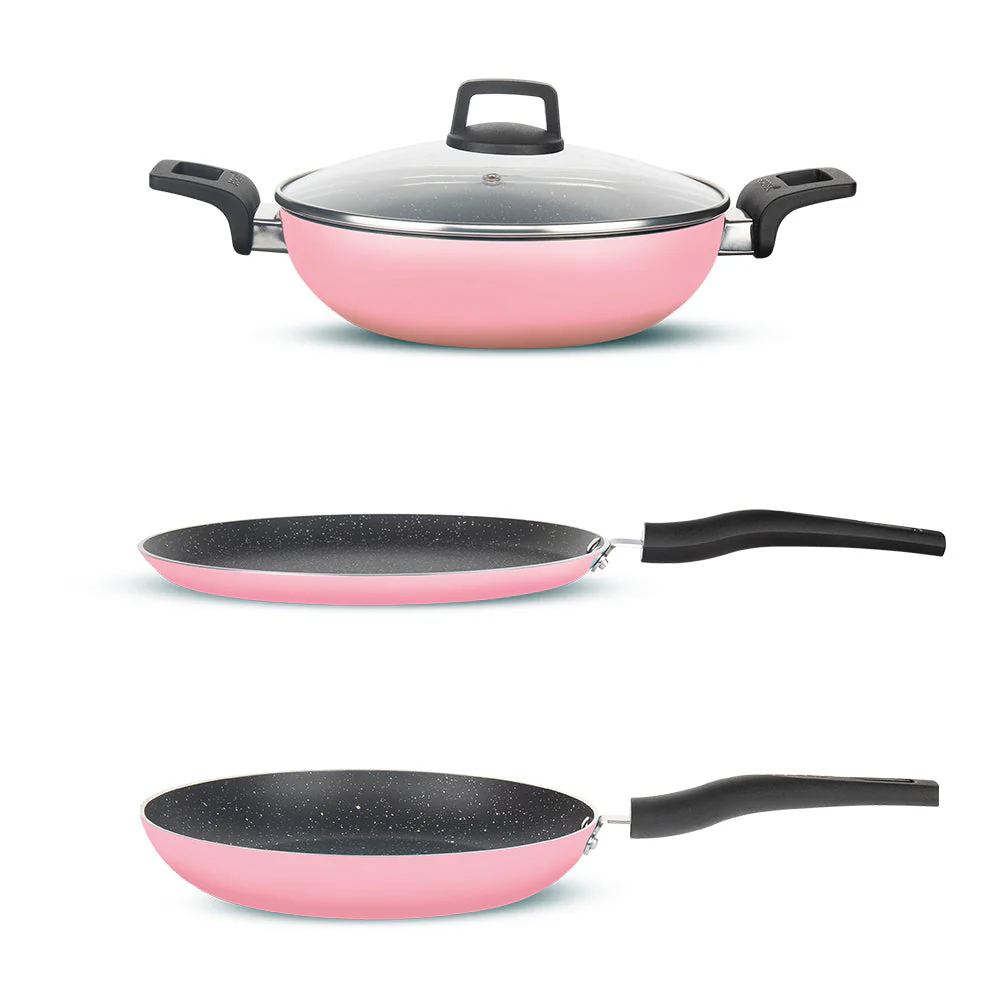Borosil Festive Glory Cookware Set, Pink, 4 pc Set (Dosa Tawa + Deep Kadhai + Fry Pan + Glass Lid)