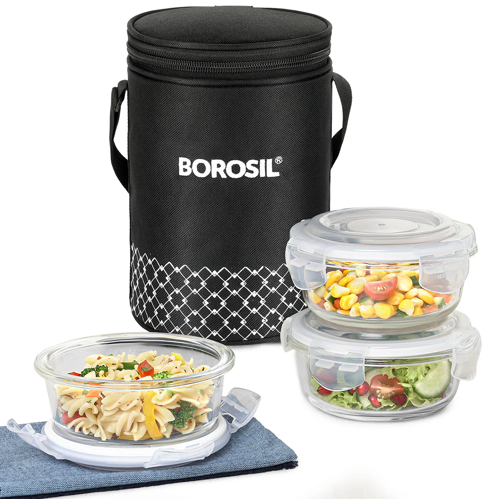 Borosil Zeal Black Lunch Bag, Round x 3 (Tall)