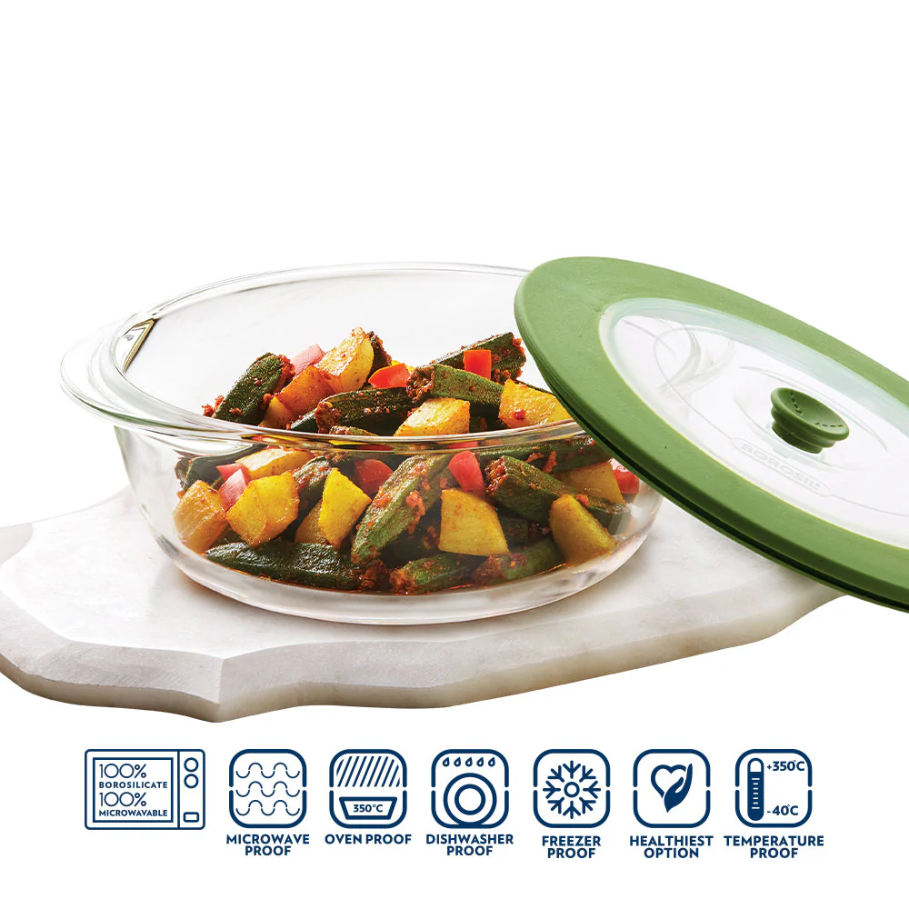 Borosil Round Dish w Green Lid, 1L