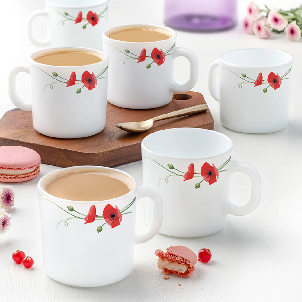 Larah by Borosil Red Carnation Snack Set w Mugs, 8 pc