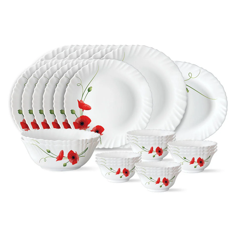 Larah by Borosil Red Carnation Dinner Set, 19 pc