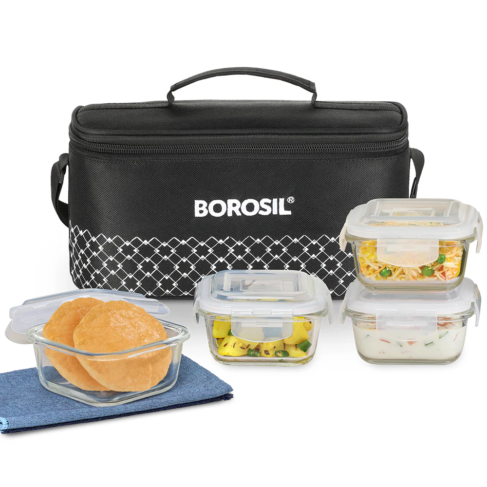 Borosil Zeal Black Lunch Bag, Square x 4