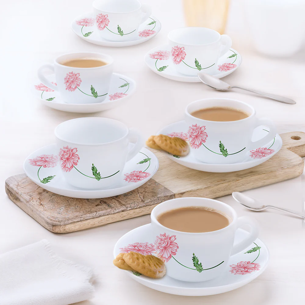 Larah by Borosil Red Mist Cup n Saucer Set, 140ml x 12