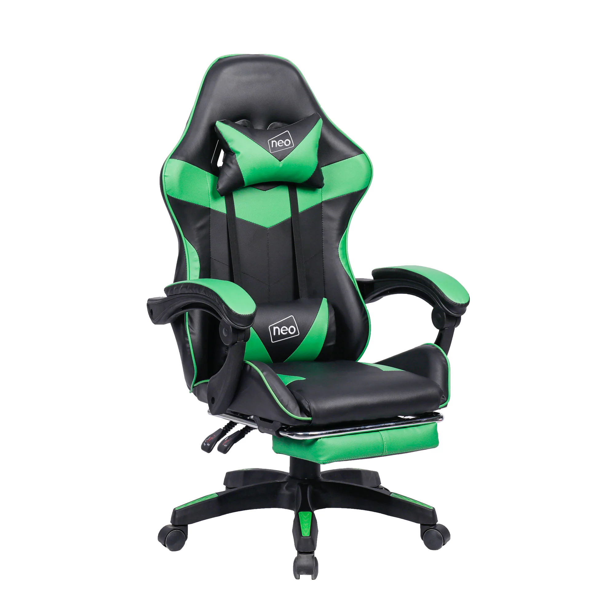 Neo Gaming Chair Green & Black Leather with Footrest
