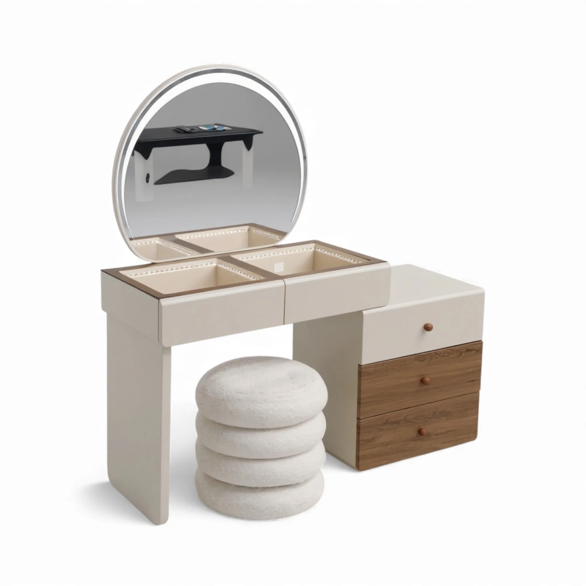 Dressing Table With Round LED Mirror And Plush Stool 9894