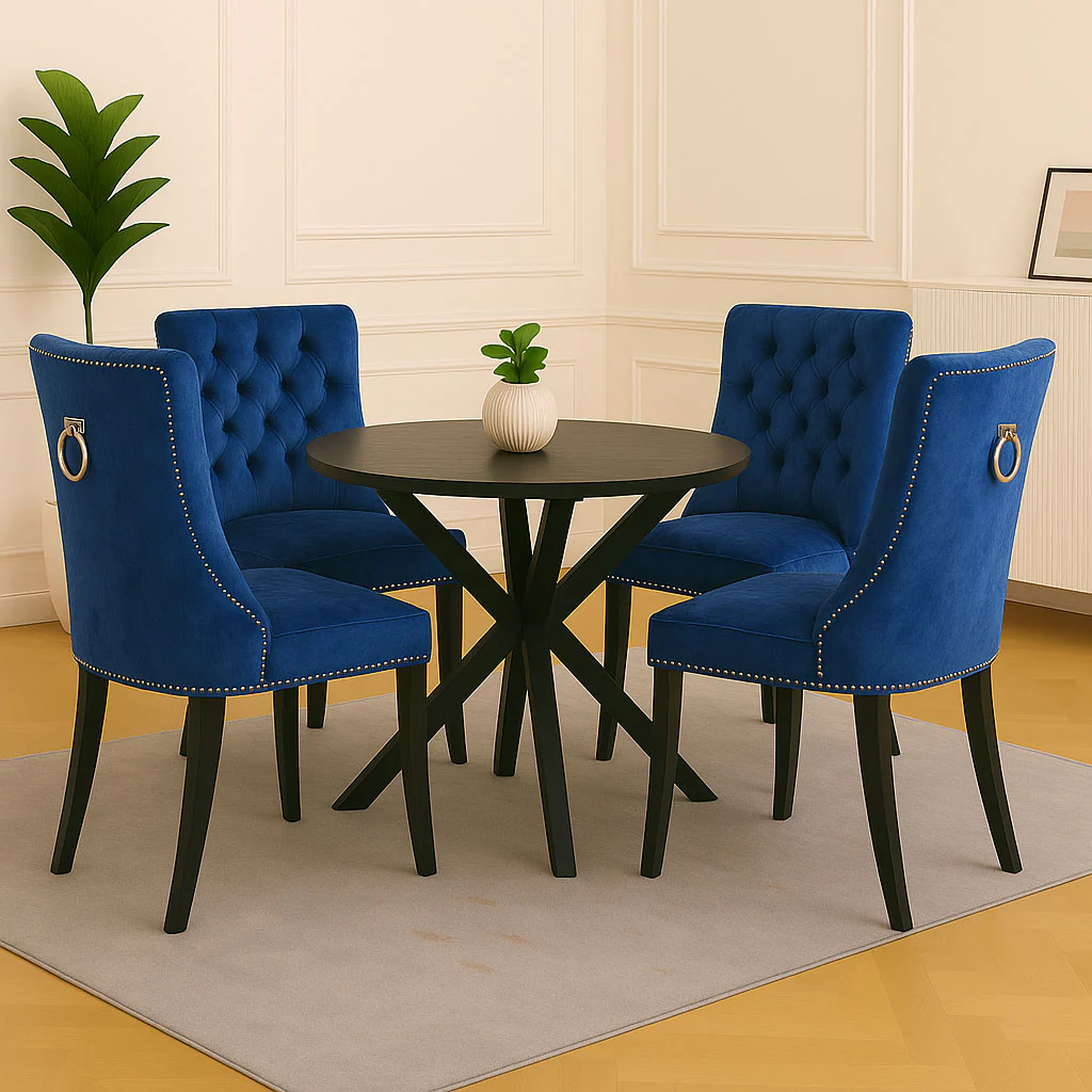 Neo Set Of Four Midnight Blue Studded Velvet Dining Chairs with Ring Knocker Detail