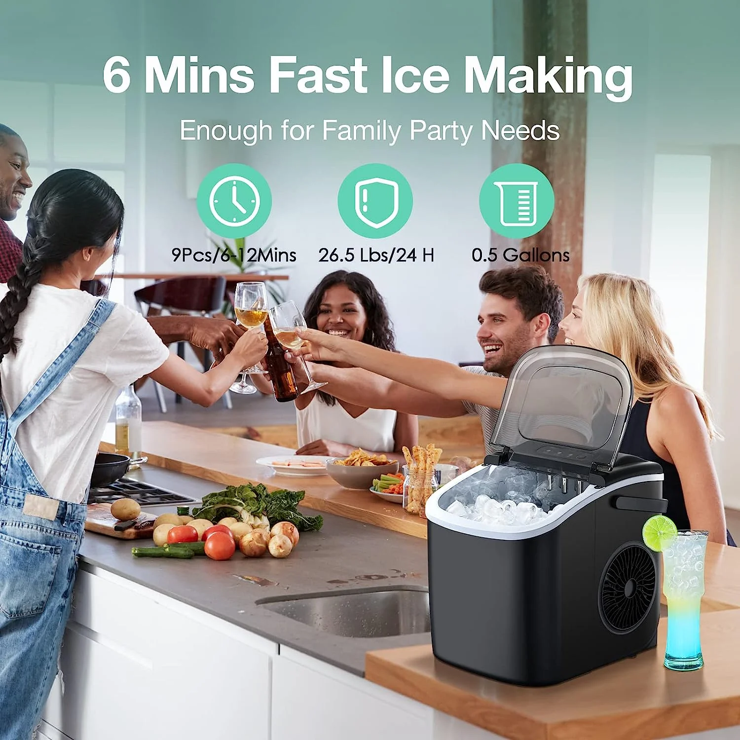 Portable Ice Maker Machine Self-Cleaning 6 Mins 9 Bullet Ice, 26.5lbs