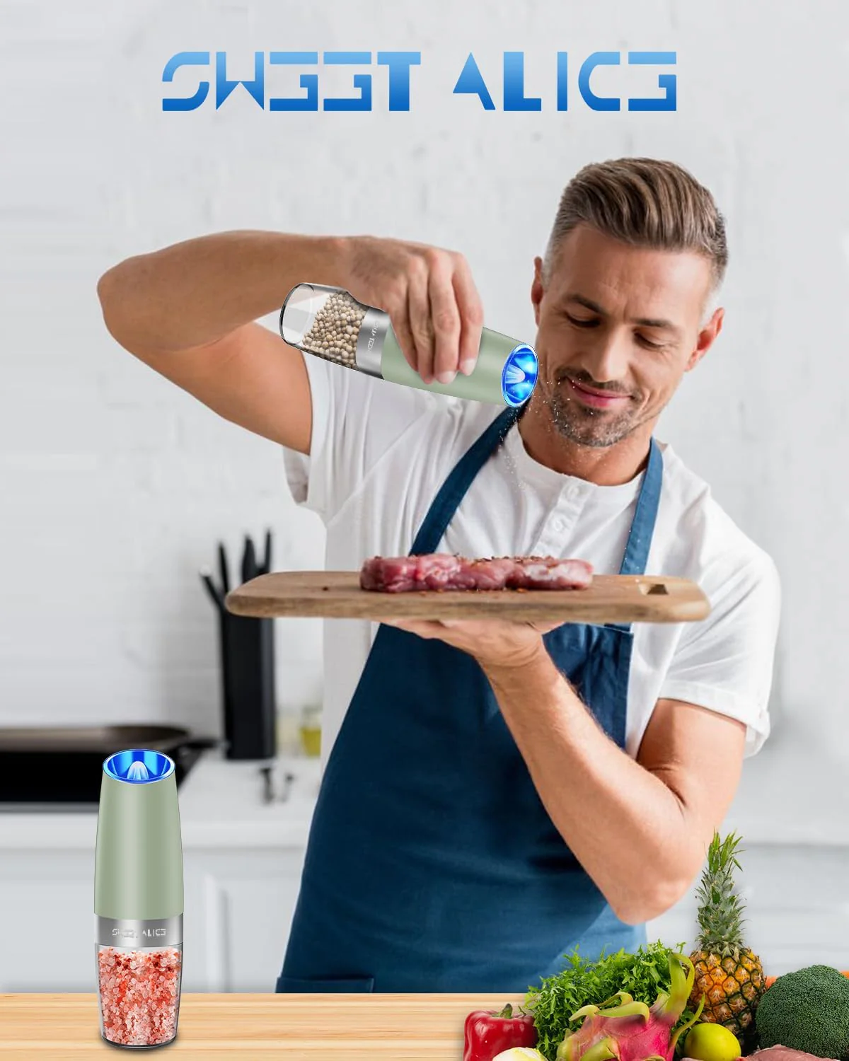 Electric Salt & Pepper Grinder Set, Adjustable Coarseness, LED, One-Hand Use, Stainless Steel 2-Pack