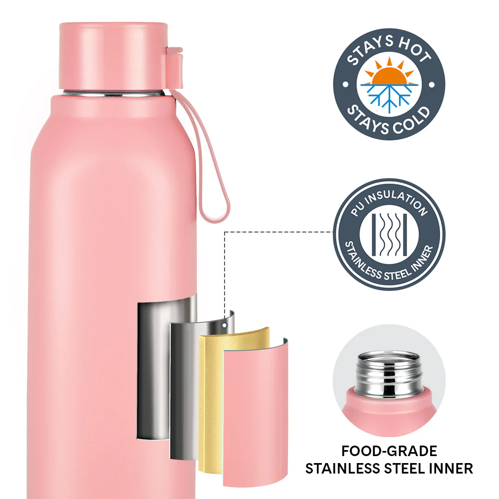 Larah Cube Square PU Thermoware Bottle, 700 ml, Pink