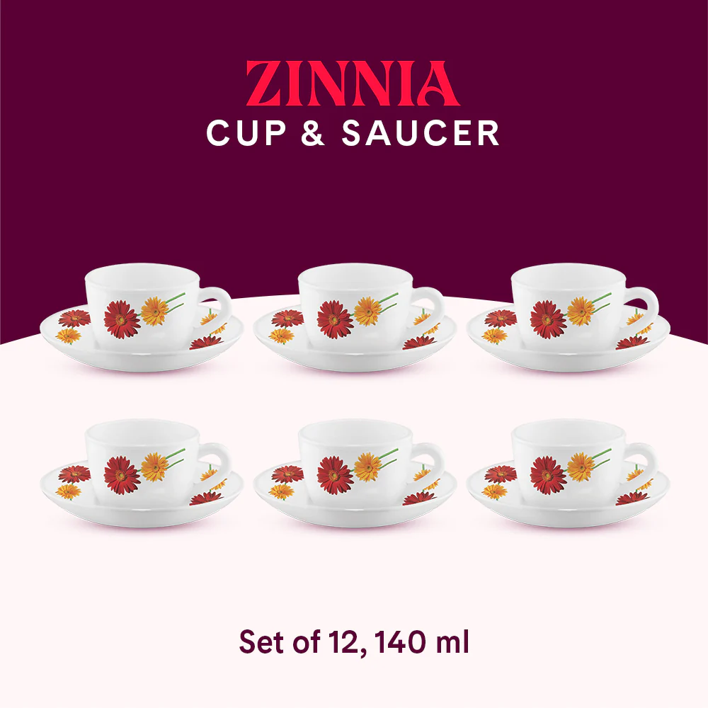 Larah by Borosil Zinnia Cup n Saucer Set, 140ml x 12