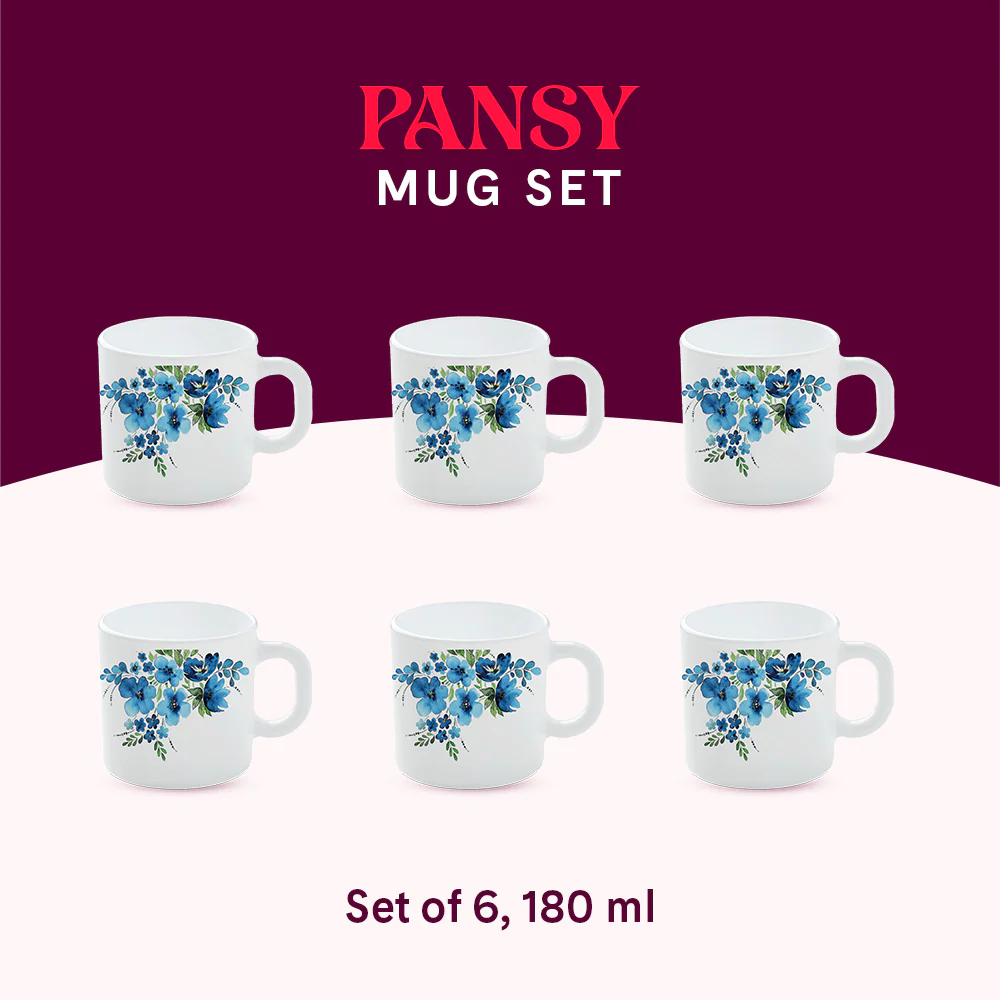 Larah by Borosil Pansy Mug Set, 180ml x 6