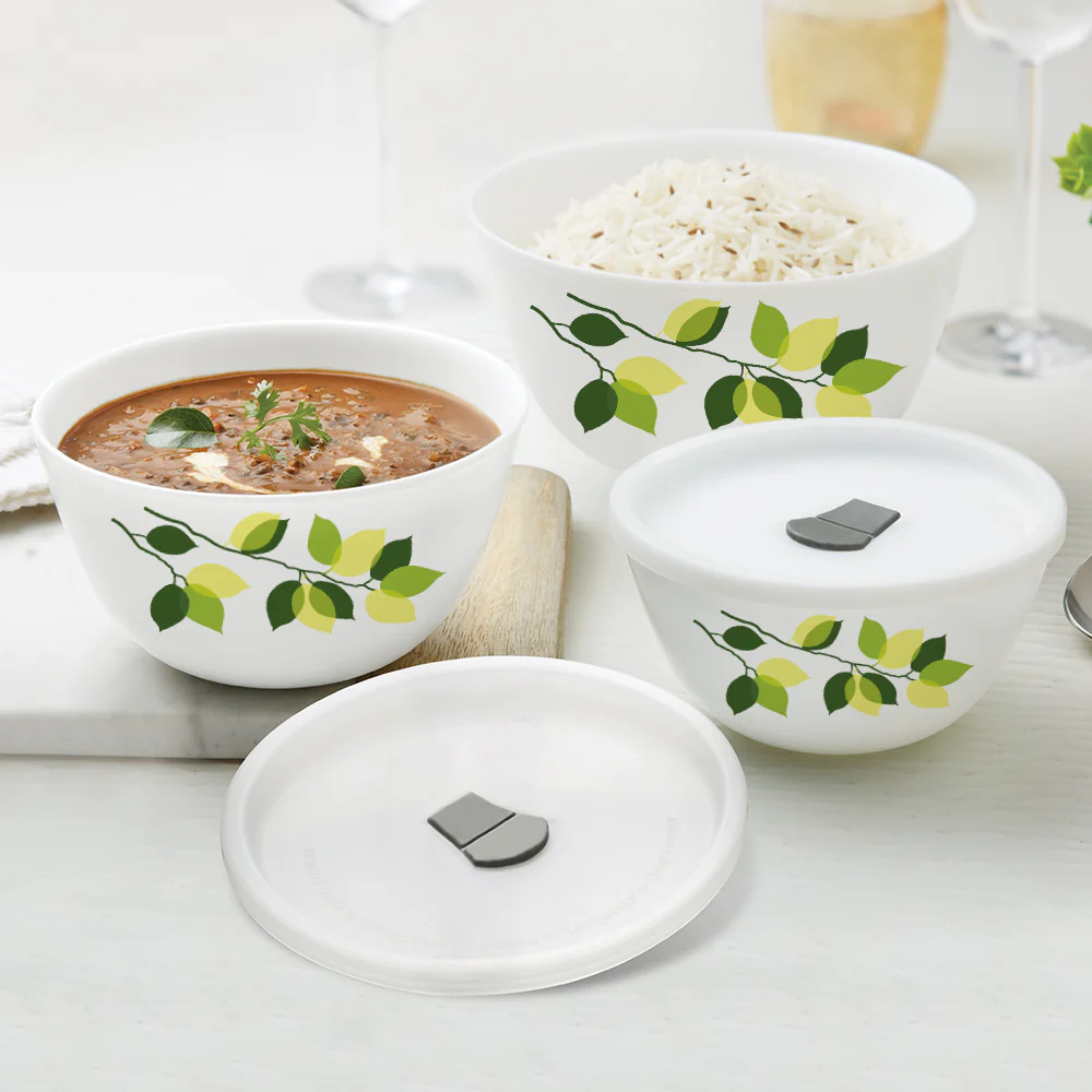 Larah by Borosil Green Leaves 4 pc Mixing Bowl, 1 L + 750 ml + 500 ml