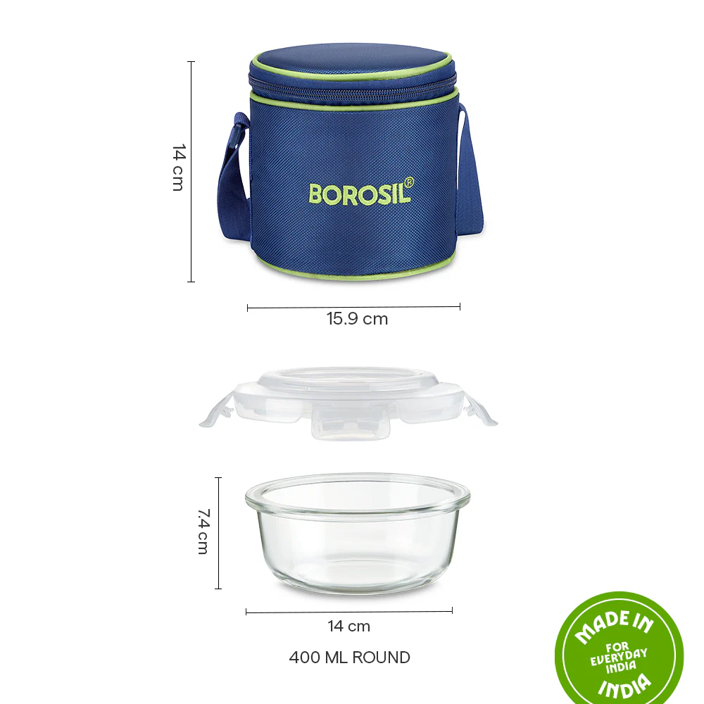 Borosil Blue Glass Lunchbox, Round x 2 (Tall), 400ml x 2